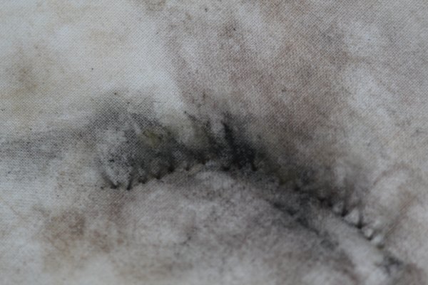 Close up abstract photo of my mother's make-up which I wore for 6 months after her death and removed each night onto a sheet from her bed. This image is a close up of the marks made from my eyelashes and the muted tones of the surrounding make up. Dark mascara and peach/grey tones.