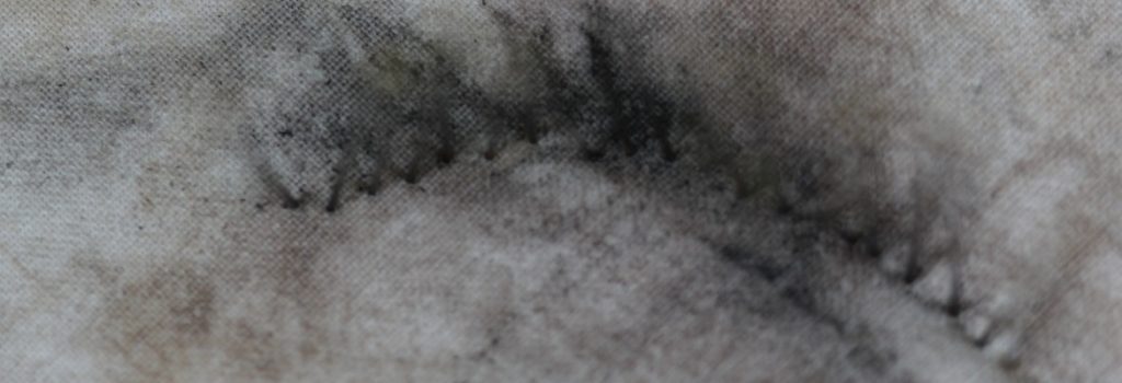 Mark-making using the sheet from my mother's bed. 6 months of my mother's make up worn daily and removed onto her sheet. Smudged colours - muted, with black accents where the mascara and eyeliner made their marks.