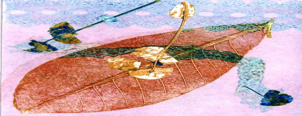 Plants and a fake leaf: pink, blue, ochre and orangey brown